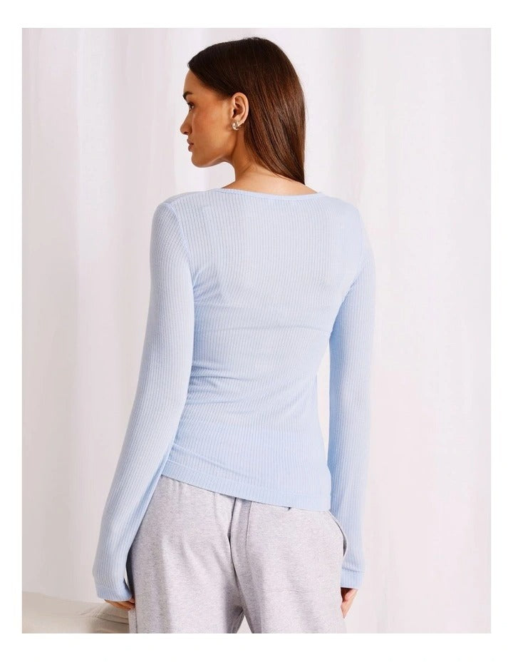 Chloe & Lola baby blue loungewear long sleeve Henley top for women, soft breathable fabric, relaxed fit, round neckline