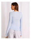 Chloe & Lola baby blue loungewear long sleeve Henley top for women, soft breathable fabric, relaxed fit, round neckline