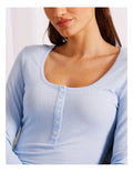 Chloe & Lola baby blue loungewear long sleeve Henley top for women, soft breathable fabric, relaxed fit, round neckline