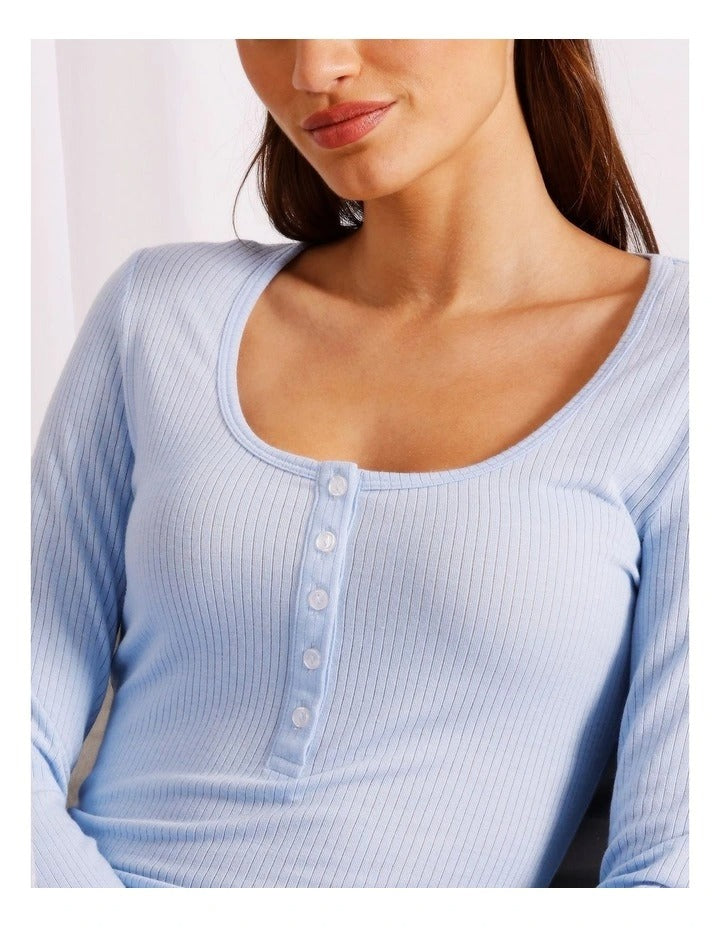 Chloe & Lola baby blue loungewear long sleeve Henley top for women, soft breathable fabric, relaxed fit, round neckline