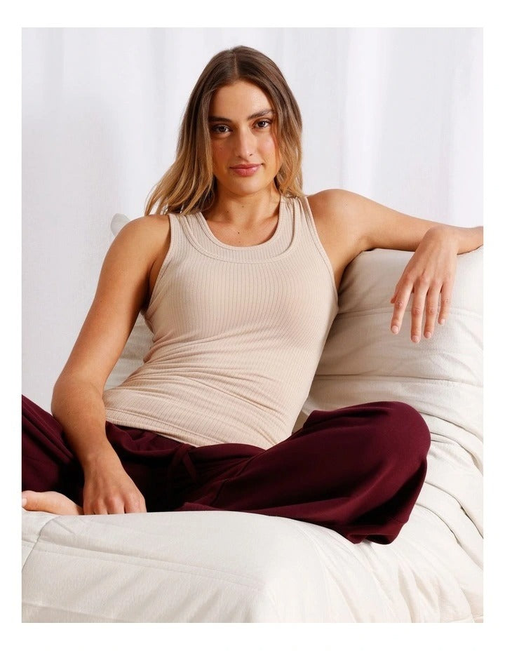 Chloe & Lola Loungewear Double Layer Tan in soft polyester fabric, featuring sleeveless design and round neck.