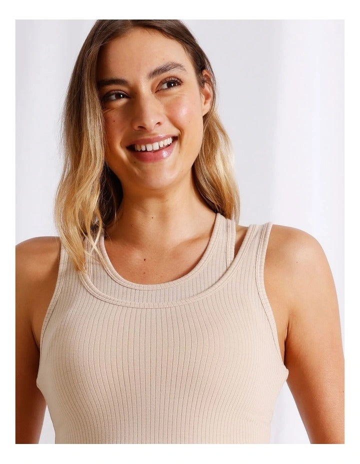 Chloe & Lola Loungewear Double Layer Tan in soft polyester fabric, featuring sleeveless design and round neck.