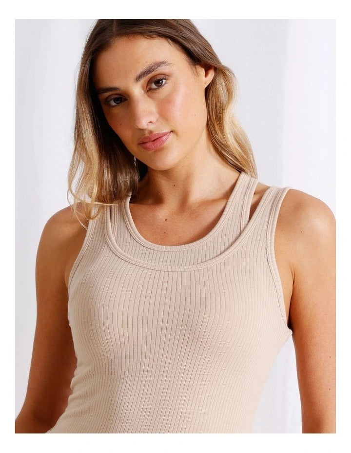 Chloe & Lola Loungewear Double Layer Tan in soft polyester fabric, featuring sleeveless design and round neck.