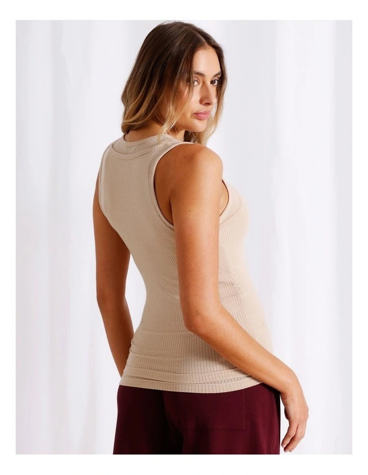 Chloe & Lola Loungewear Double Layer Tan in soft polyester fabric, featuring sleeveless design and round neck.
