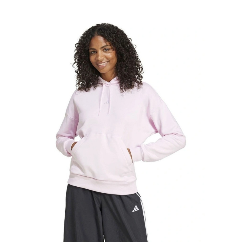 Adidas Essentials Feel Cozy Hoodie in pink cotton polyester blend with 3 Bar Logo on chest
