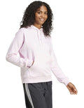 Adidas Essentials Feel Cozy Hoodie in pink cotton polyester blend with 3 Bar Logo on chest