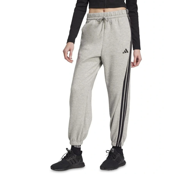 Adidas Essentials 3-Stripes Fleece Loose-Fit Joggers in Grey with soft fleece, loose fit, and iconic 3-Stripes design