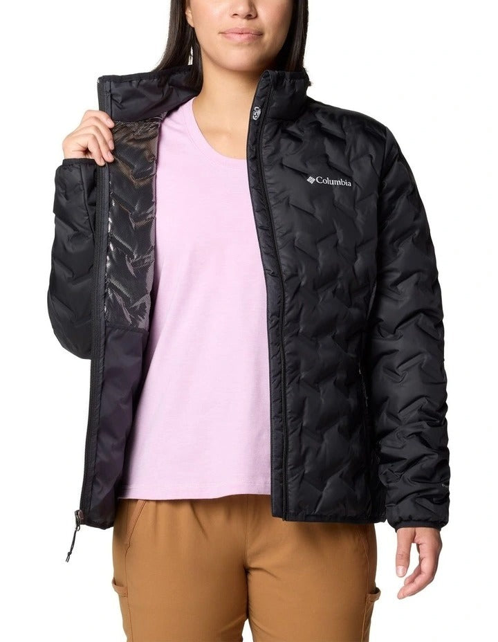 Columbia Delta Ridge II Down Hooded Jacket in Black with Omni-Heat lining, water-resistant fabric, and zippered hand pockets