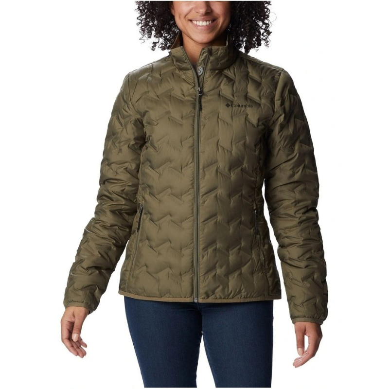 Columbia Delta Ridge II Down Hooded Jacket in Green with Omni-Heat lining, water-resistant fabric, and zippered hand pockets