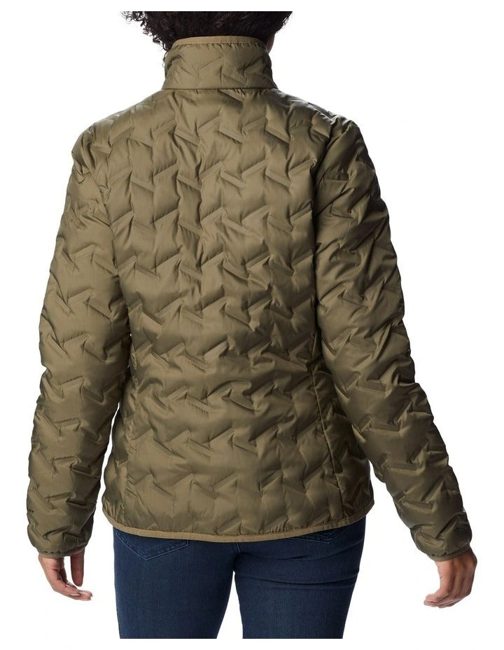 Columbia Delta Ridge II Down Hooded Jacket in Green with Omni-Heat lining, water-resistant fabric, and zippered hand pockets