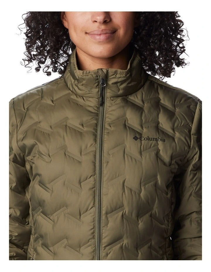 Columbia Delta Ridge II Down Hooded Jacket in Green with Omni-Heat lining, water-resistant fabric, and zippered hand pockets