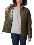 Columbia Delta Ridge II Down Hooded Jacket in Green with Omni-Heat lining, water-resistant fabric, and zippered hand pockets
