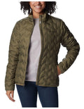 Columbia Delta Ridge II Down Hooded Jacket in Green with Omni-Heat lining, water-resistant fabric, and zippered hand pockets
