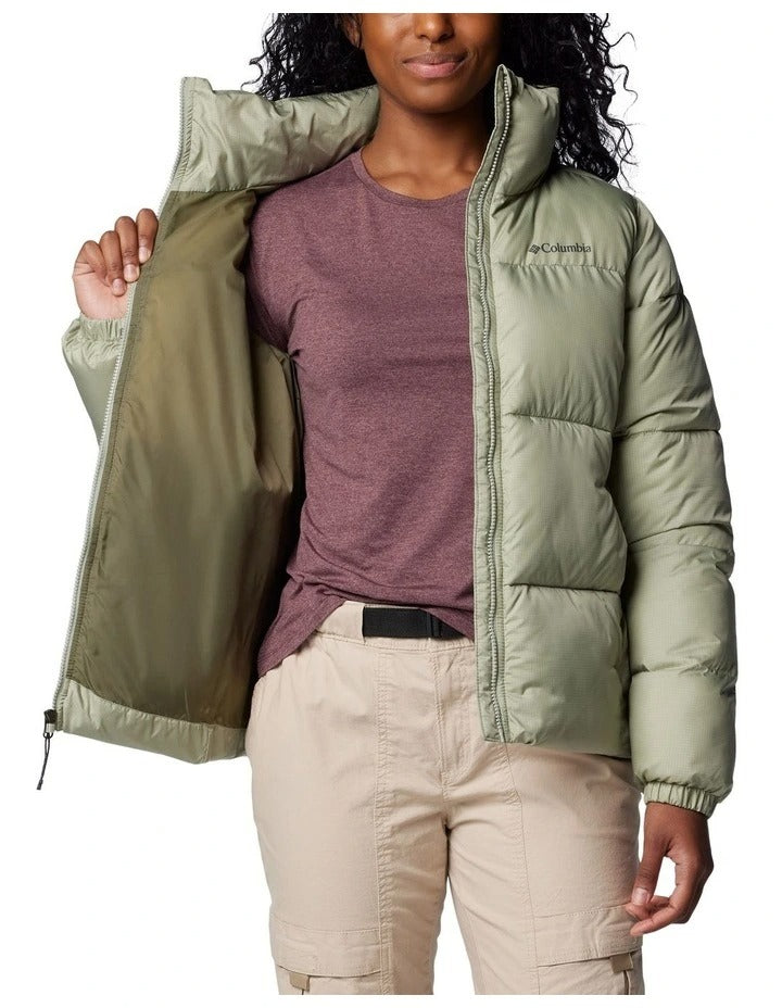 Columbia Puffect II Puffer Jacket in Safari with water-resistant fabric, synthetic insulation, and zippered hand pockets