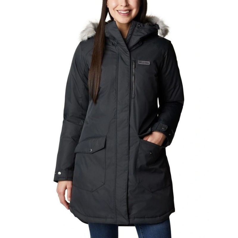Columbia Suttle Mountain Long Insulated Jacket in Black with thermal-reflective lining, faux down insulation, and adjustable storm hood