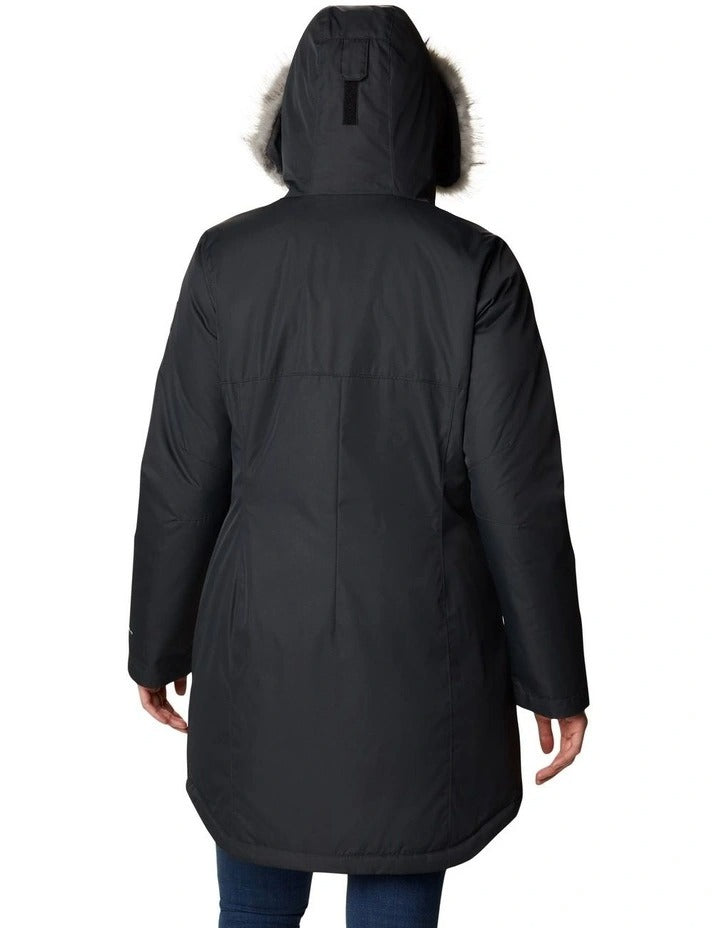 Columbia Suttle Mountain Long Insulated Jacket in Black with thermal-reflective lining, faux down insulation, and adjustable storm hood