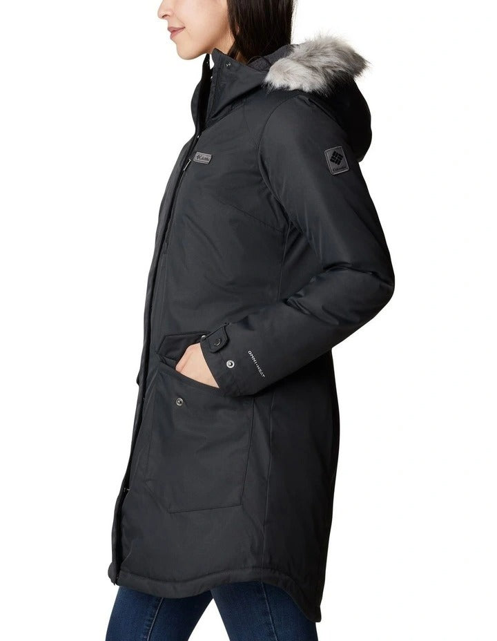 Columbia Suttle Mountain Long Insulated Jacket in Black with thermal-reflective lining, faux down insulation, and adjustable storm hood
