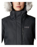 Columbia Suttle Mountain Long Insulated Jacket in Black with thermal-reflective lining, faux down insulation, and adjustable storm hood