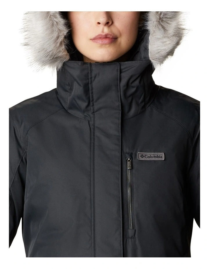 Columbia Suttle Mountain Long Insulated Jacket in Black with thermal-reflective lining, faux down insulation, and adjustable storm hood