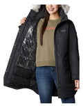 Columbia Suttle Mountain Long Insulated Jacket in Black with thermal-reflective lining, faux down insulation, and adjustable storm hood
