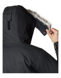 Columbia Suttle Mountain Long Insulated Jacket in Black with thermal-reflective lining, faux down insulation, and adjustable storm hood