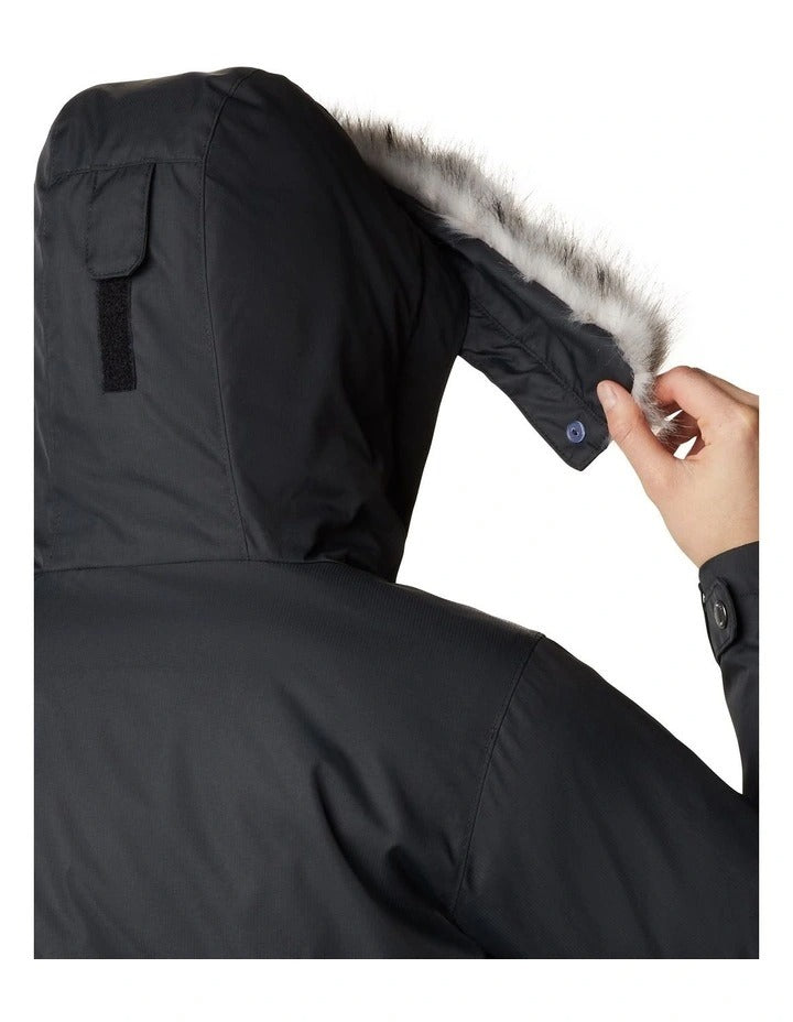 Columbia Suttle Mountain Long Insulated Jacket in Black with thermal-reflective lining, faux down insulation, and adjustable storm hood