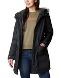 Columbia Suttle Mountain Long Insulated Jacket in Black with thermal-reflective lining, faux down insulation, and adjustable storm hood