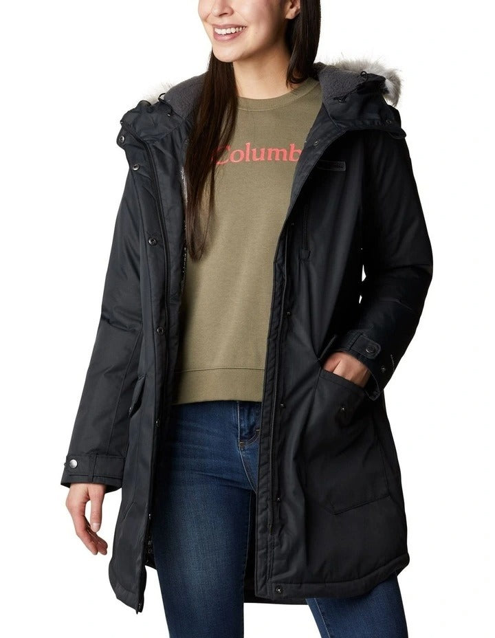 Columbia Suttle Mountain Long Insulated Jacket in Black with thermal-reflective lining, faux down insulation, and adjustable storm hood