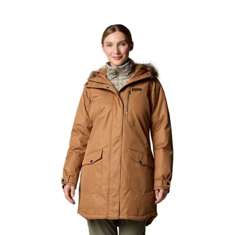 Columbia Suttle Mountain Long Insulated Jacket in Camel Brown with hood, faux down insulation, and Omni-Heat lining