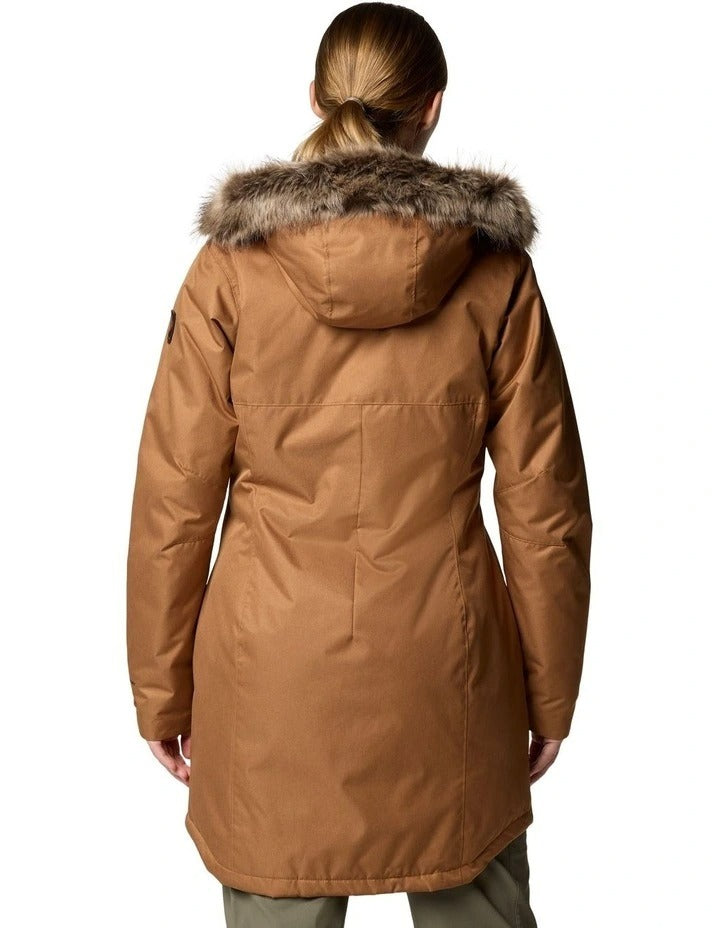 Columbia Suttle Mountain Long Insulated Jacket in Camel Brown with hood, faux down insulation, and Omni-Heat lining