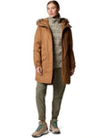Columbia Suttle Mountain Long Insulated Jacket in Camel Brown with hood, faux down insulation, and Omni-Heat lining