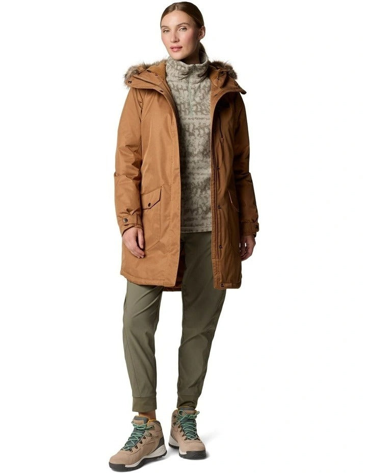 Columbia Suttle Mountain Long Insulated Jacket in Camel Brown with hood, faux down insulation, and Omni-Heat lining