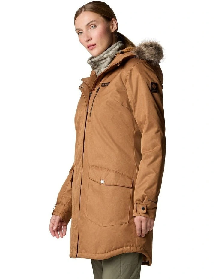 Columbia Suttle Mountain Long Insulated Jacket in Camel Brown with hood, faux down insulation, and Omni-Heat lining