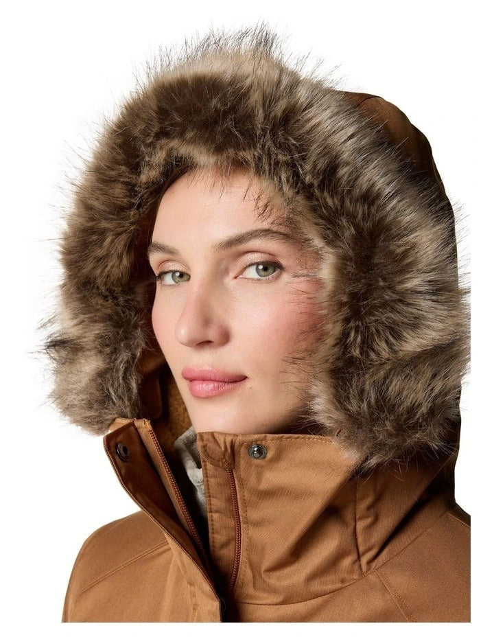 Columbia Suttle Mountain Long Insulated Jacket in Camel Brown with hood, faux down insulation, and Omni-Heat lining