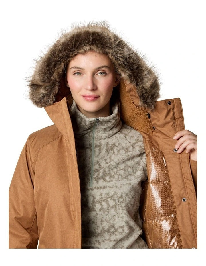 Columbia Suttle Mountain Long Insulated Jacket in Camel Brown with hood, faux down insulation, and Omni-Heat lining
