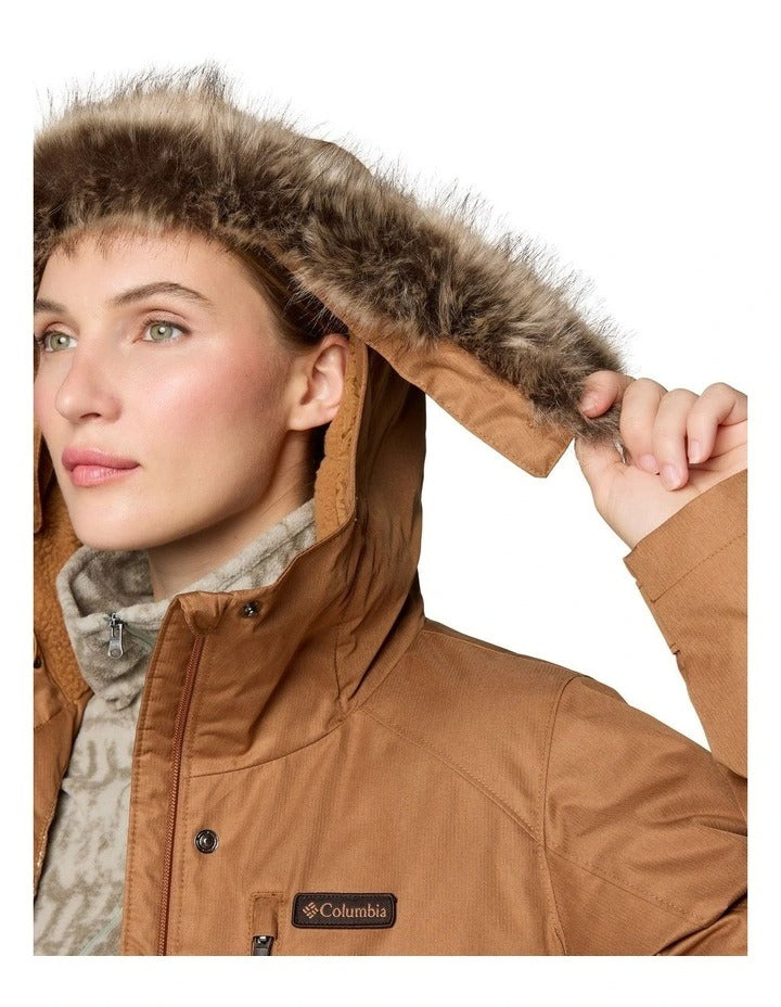Columbia Suttle Mountain Long Insulated Jacket in Camel Brown with hood, faux down insulation, and Omni-Heat lining