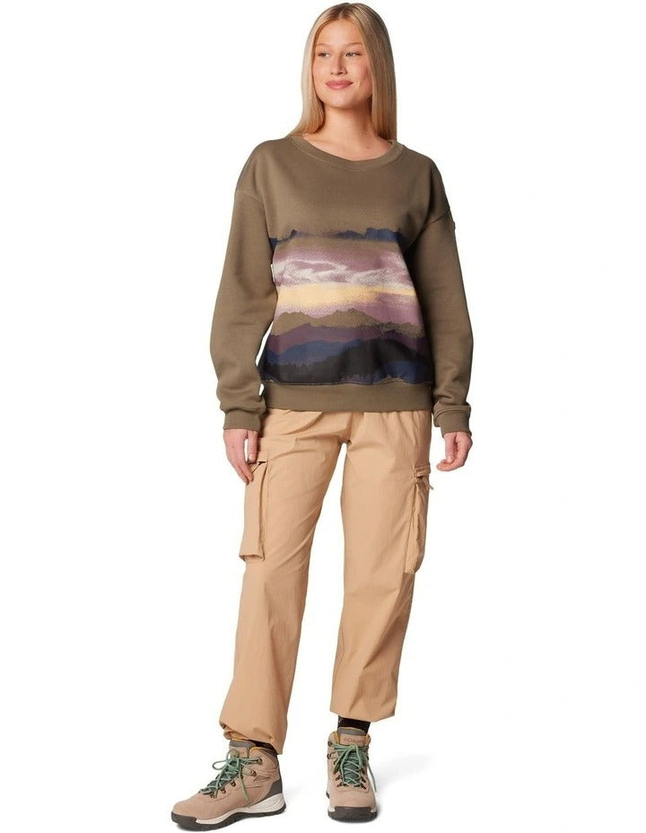 Columbia Meridian Creek Crew Shirt in Stone Green — lightweight, long-sleeve crew shirt featuring a relaxed fit and moisture-wicking fabric, displayed on a plain background