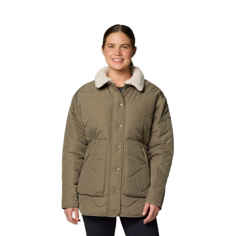 Columbia Birchwood II Quilted Jacket in Stone Green with Sherpa-lined interior, water-resistant shell, and zippered hand pockets