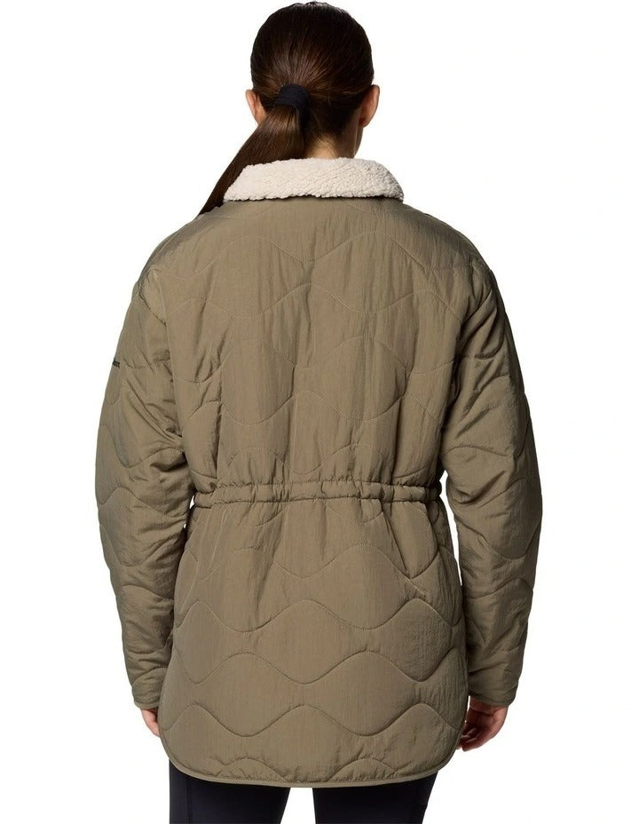 Columbia Birchwood II Quilted Jacket in Stone Green with Sherpa-lined interior, water-resistant shell, and zippered hand pockets