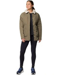 Columbia Birchwood II Quilted Jacket in Stone Green with Sherpa-lined interior, water-resistant shell, and zippered hand pockets