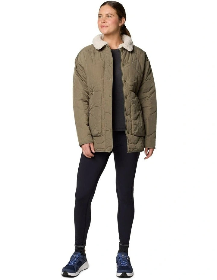Columbia Birchwood II Quilted Jacket in Stone Green with Sherpa-lined interior, water-resistant shell, and zippered hand pockets