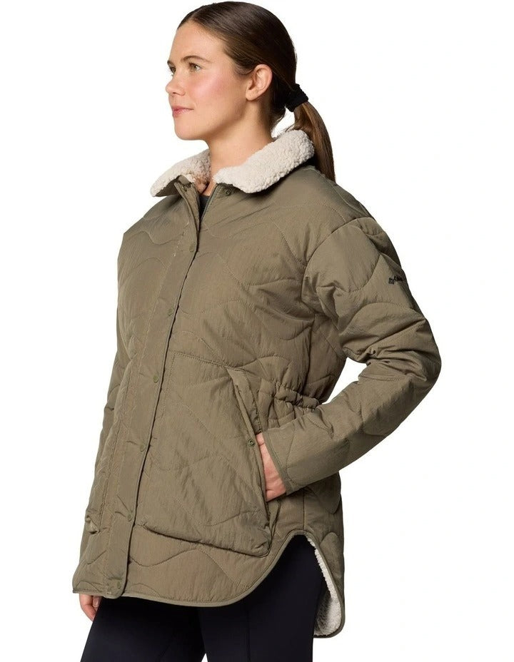 Columbia Birchwood II Quilted Jacket in Stone Green with Sherpa-lined interior, water-resistant shell, and zippered hand pockets
