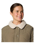 Columbia Birchwood II Quilted Jacket in Stone Green with Sherpa-lined interior, water-resistant shell, and zippered hand pockets