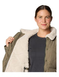Columbia Birchwood II Quilted Jacket in Stone Green with Sherpa-lined interior, water-resistant shell, and zippered hand pockets