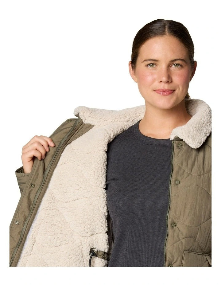 Columbia Birchwood II Quilted Jacket in Stone Green with Sherpa-lined interior, water-resistant shell, and zippered hand pockets