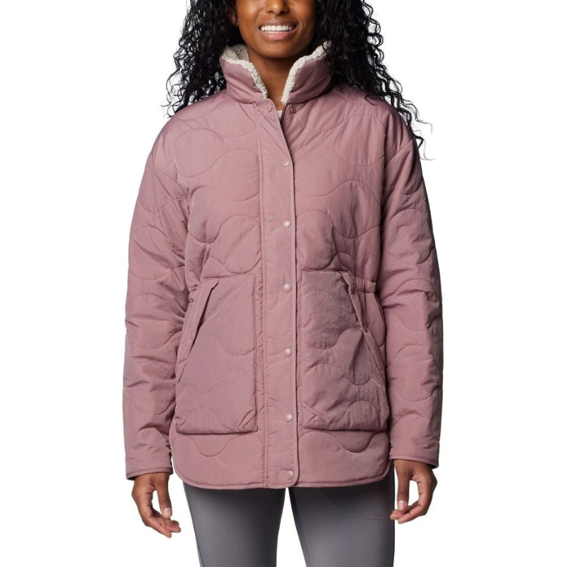 Columbia Birchwood II Quilted Jacket in Fig with Sherpa lining, water-resistant shell, and zippered pockets