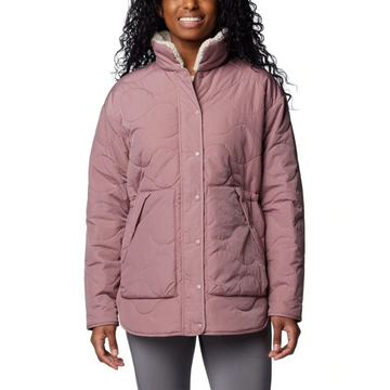 Columbia Birchwood II Quilted Jacket in Fig with Sherpa lining, water-resistant shell, and zippered pockets