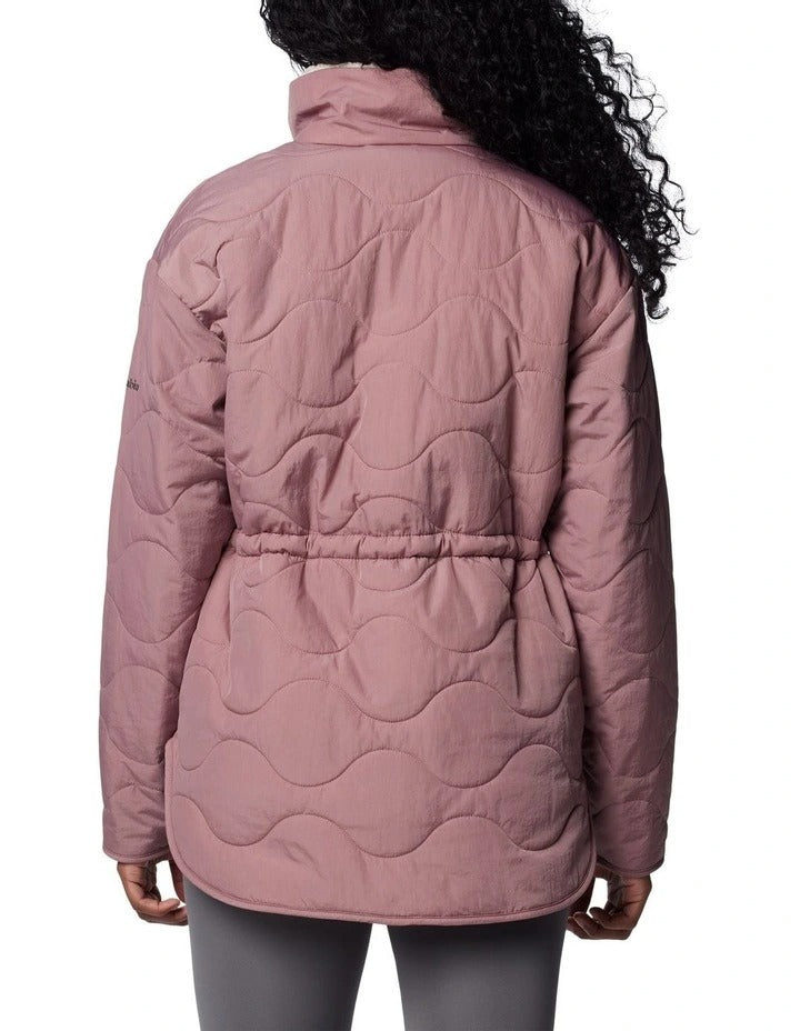 Columbia Birchwood II Quilted Jacket in Fig with Sherpa lining, water-resistant shell, and zippered pockets