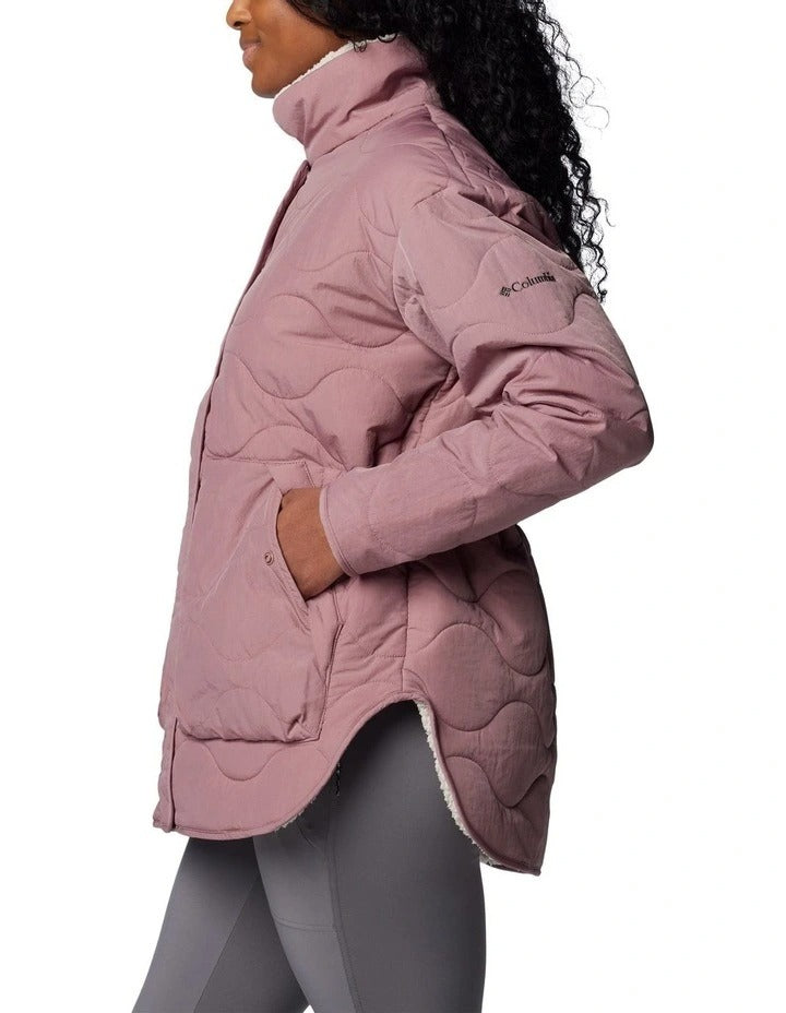 Columbia Birchwood II Quilted Jacket in Fig with Sherpa lining, water-resistant shell, and zippered pockets