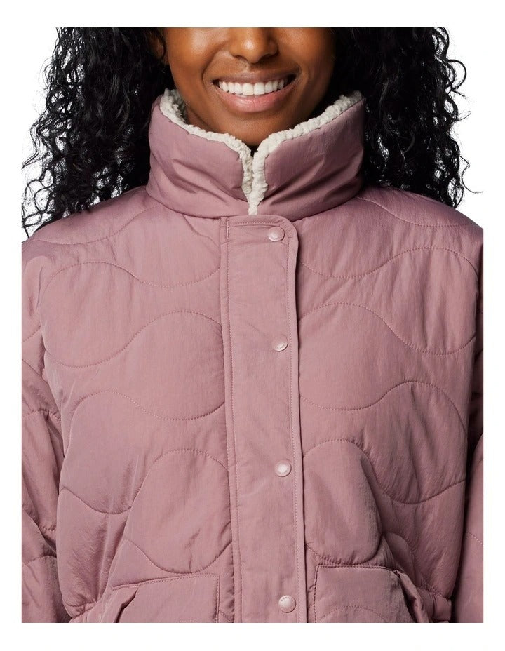 Columbia Birchwood II Quilted Jacket in Fig with Sherpa lining, water-resistant shell, and zippered pockets